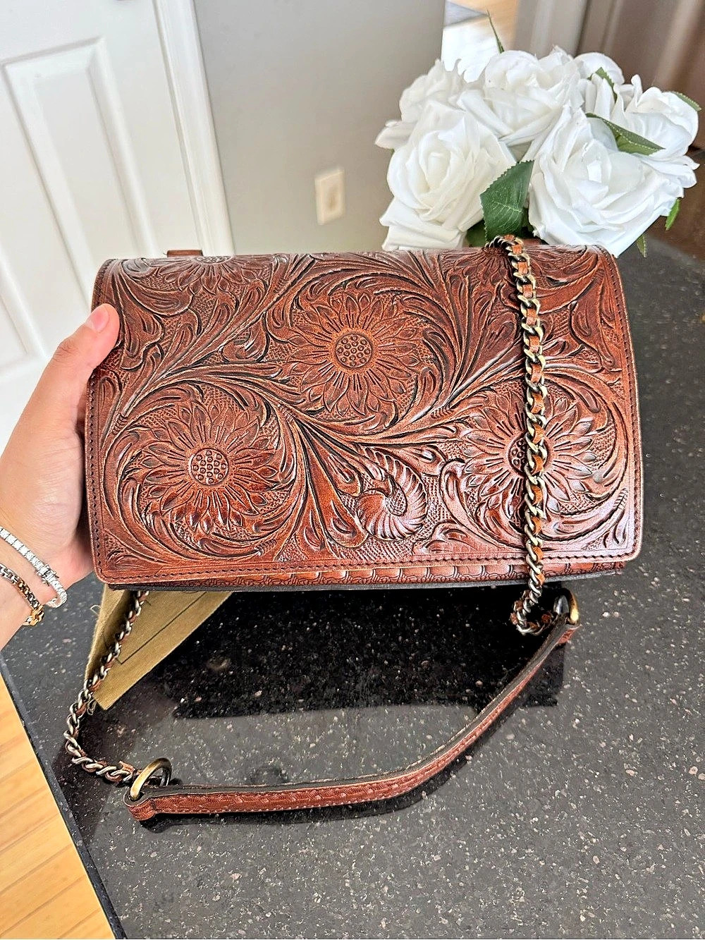 Vilenca Tooled Floral Shoulder Bag in Brown New